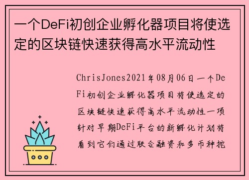 一个DeFi初创企业孵化器项目将使选定的区块链快速获得高水平流动性 